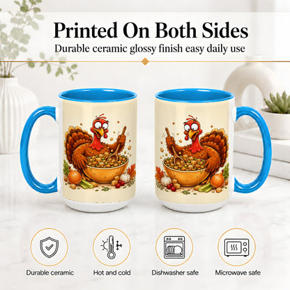 #pl[15oz|Blue] Thanksgiving Turkey Accent Mug, Ceramic Mug with Stuffing Bowl Artwork