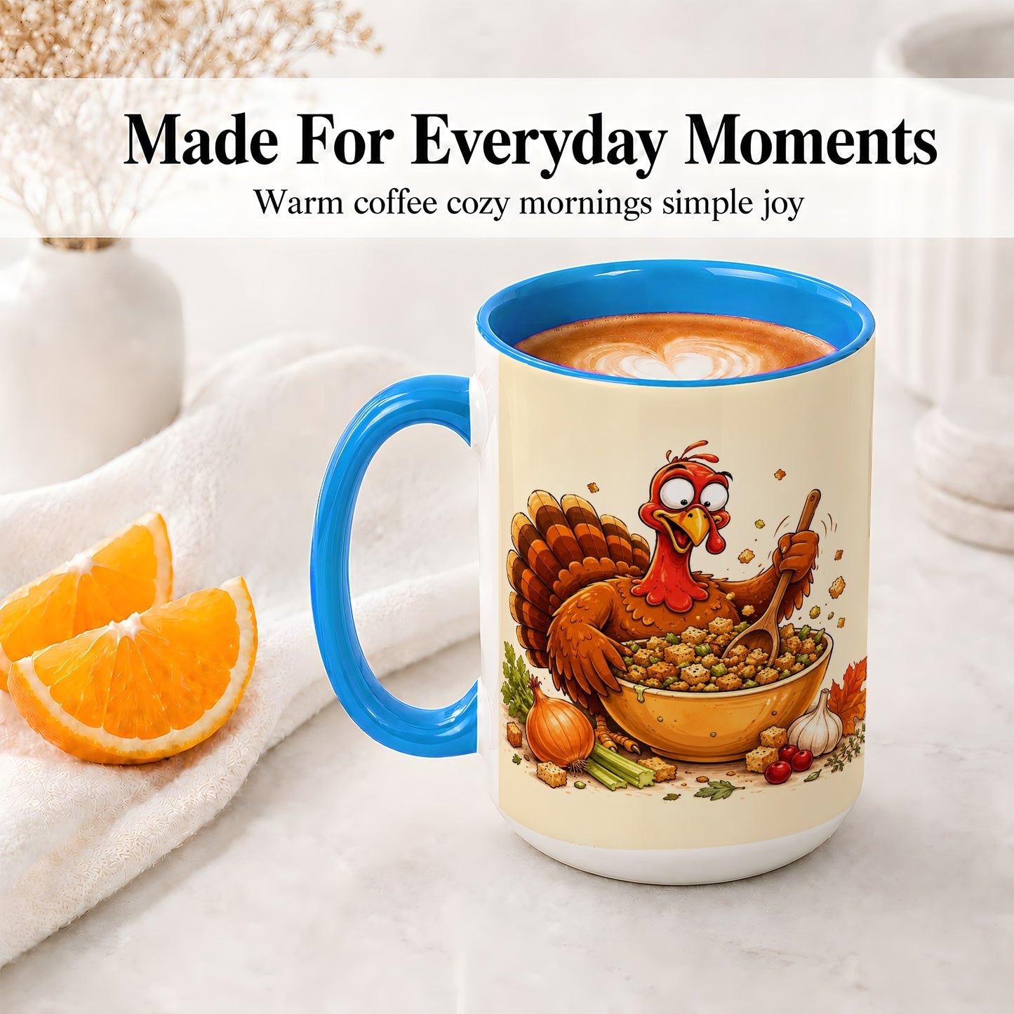 #pl[15oz|Blue] Thanksgiving Turkey Accent Mug, Ceramic Mug with Stuffing Bowl Artwork