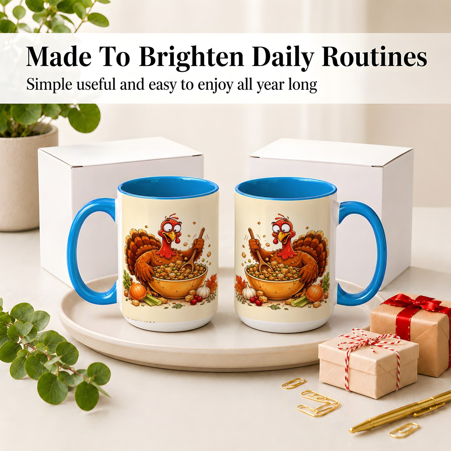 #pl[15oz|Blue] Thanksgiving Turkey Accent Mug, Ceramic Mug with Stuffing Bowl Artwork
