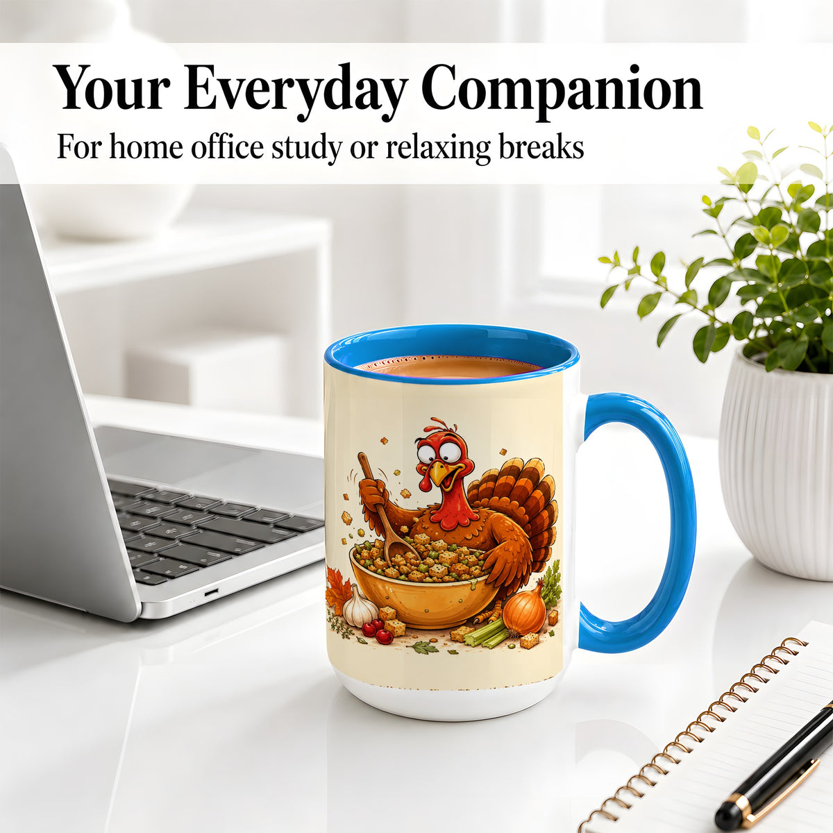 #pl[15oz|Blue] Thanksgiving Turkey Accent Mug, Ceramic Mug with Stuffing Bowl Artwork