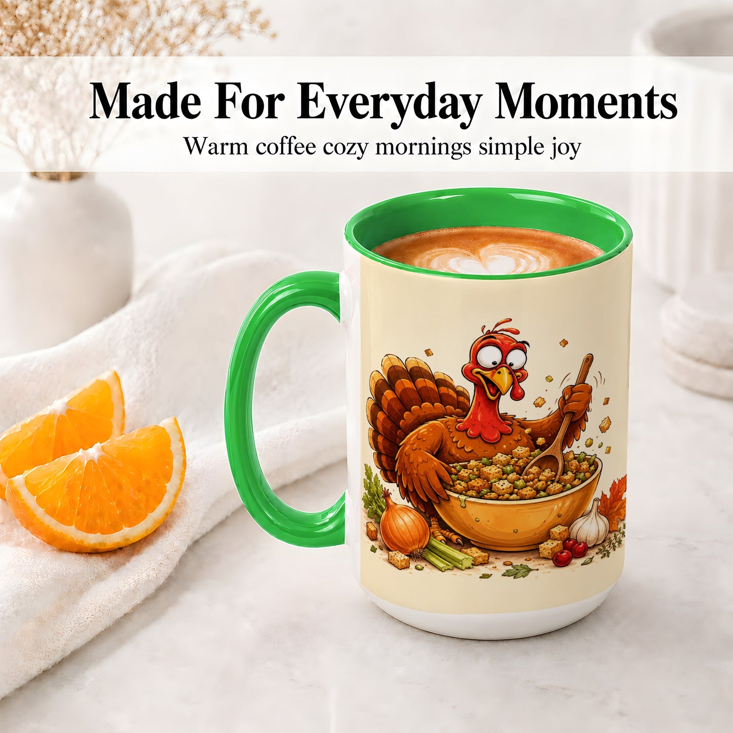 #pl[15oz|Green] Thanksgiving Turkey Accent Mug, Ceramic Mug with Stuffing Bowl Artwork