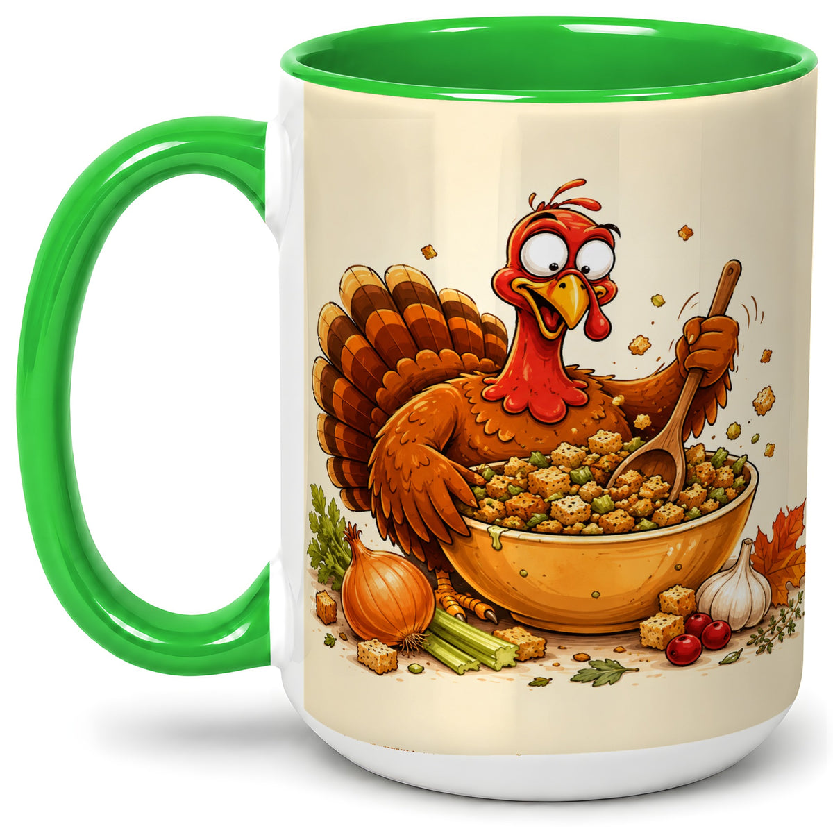 #pl[15oz|Green] Thanksgiving Turkey Accent Mug, Ceramic Mug with Stuffing Bowl Artwork