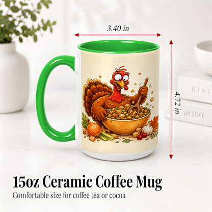 #pl[15oz|Green] Thanksgiving Turkey Accent Mug, Ceramic Mug with Stuffing Bowl Artwork