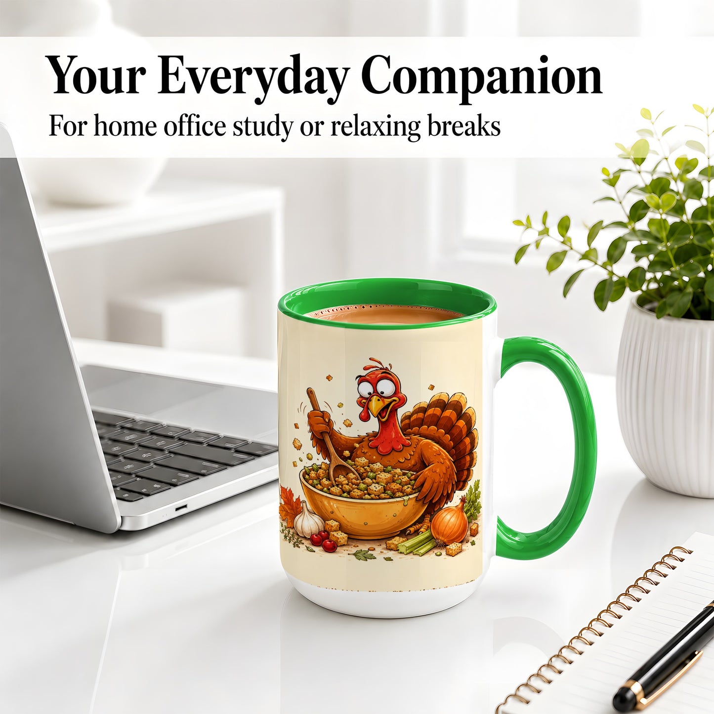 #pl[15oz|Green] Thanksgiving Turkey Accent Mug, Ceramic Mug with Stuffing Bowl Artwork