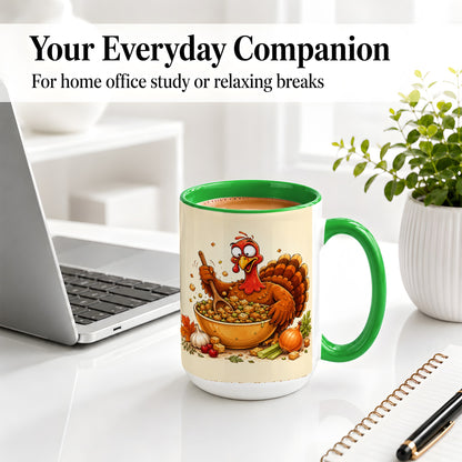 #pl[15oz|Green] Thanksgiving Turkey Accent Mug, Ceramic Mug with Stuffing Bowl Artwork