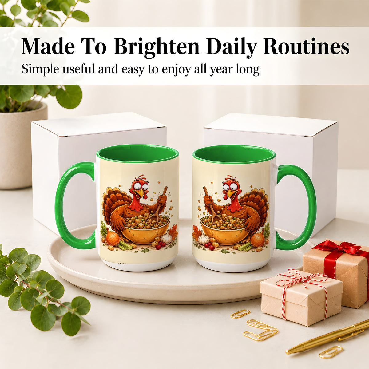 #pl[15oz|Green] Thanksgiving Turkey Accent Mug, Ceramic Mug with Stuffing Bowl Artwork