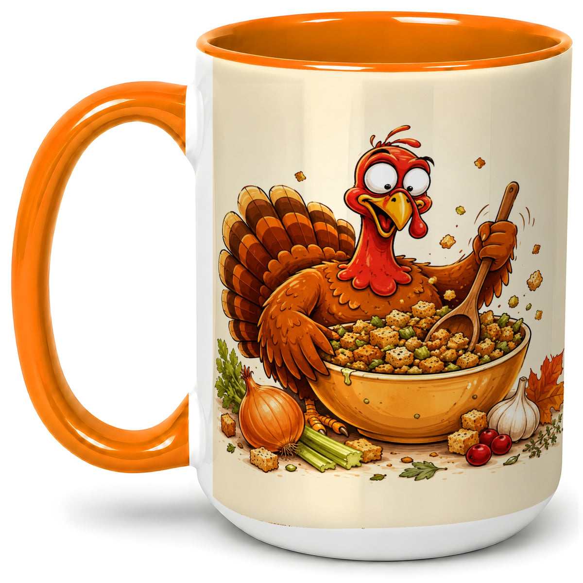 #pl[15oz|Orange] Thanksgiving Turkey Accent Mug, Ceramic Mug with Stuffing Bowl Artwork