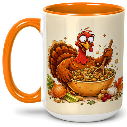 #pl[15oz|Orange] Thanksgiving Turkey Accent Mug, Ceramic Mug with Stuffing Bowl Artwork