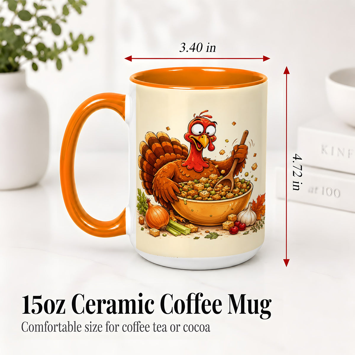 #pl[15oz|Orange] Thanksgiving Turkey Accent Mug, Ceramic Mug with Stuffing Bowl Artwork