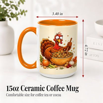 #pl[15oz|Orange] Thanksgiving Turkey Accent Mug, Ceramic Mug with Stuffing Bowl Artwork