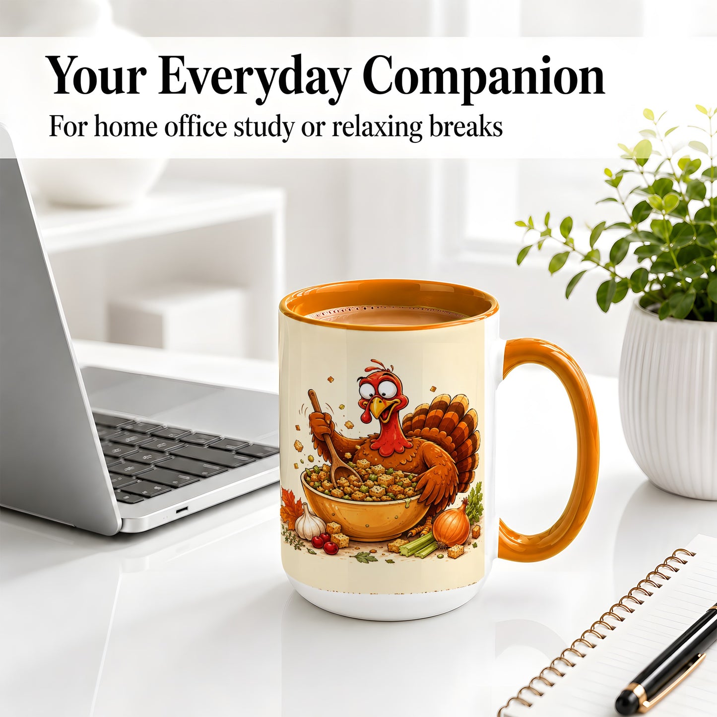 #pl[15oz|Orange] Thanksgiving Turkey Accent Mug, Ceramic Mug with Stuffing Bowl Artwork