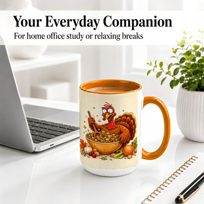 #pl[15oz|Orange] Thanksgiving Turkey Accent Mug, Ceramic Mug with Stuffing Bowl Artwork