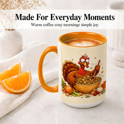 #pl[15oz|Orange] Thanksgiving Turkey Accent Mug, Ceramic Mug with Stuffing Bowl Artwork