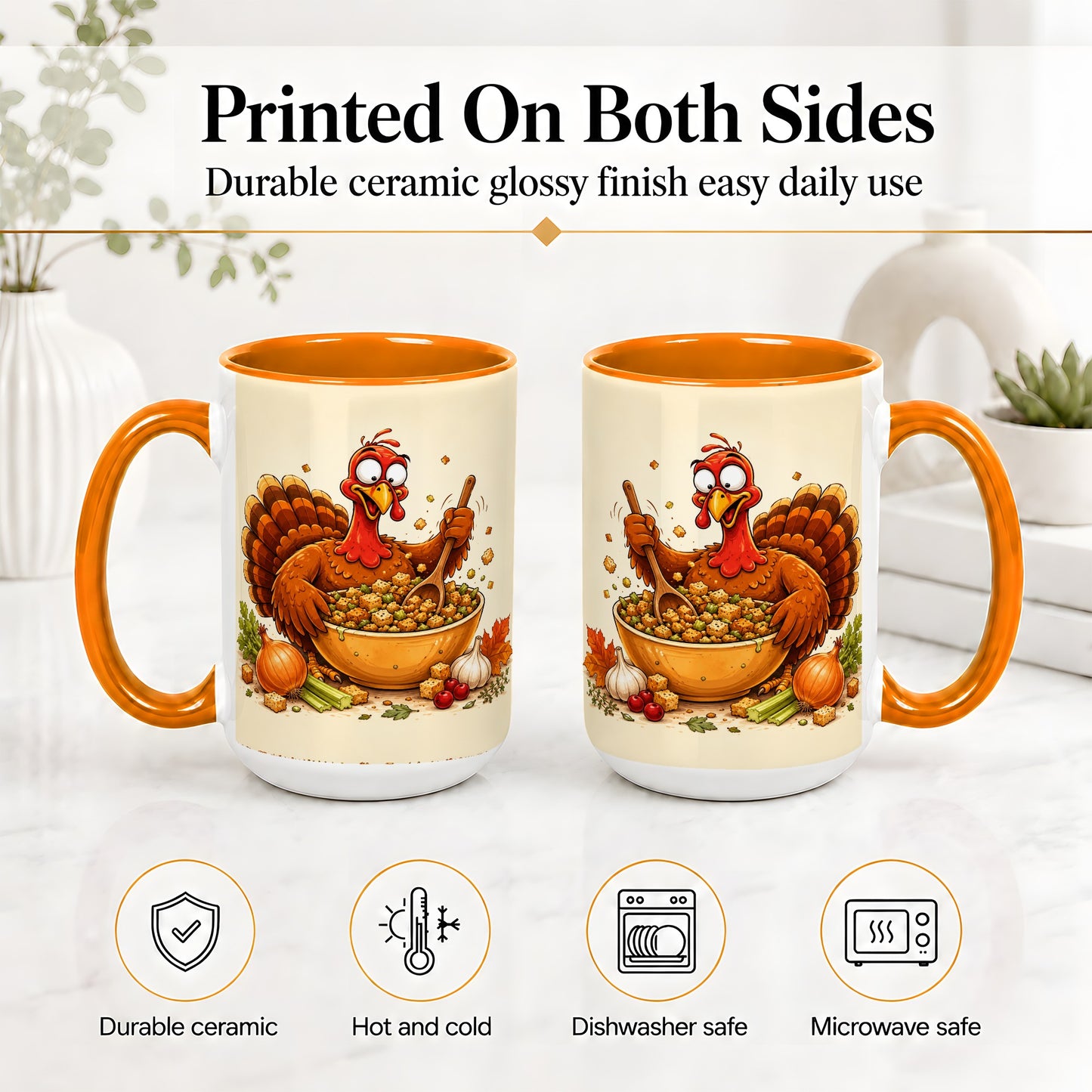 #pl[15oz|Orange] Thanksgiving Turkey Accent Mug, Ceramic Mug with Stuffing Bowl Artwork