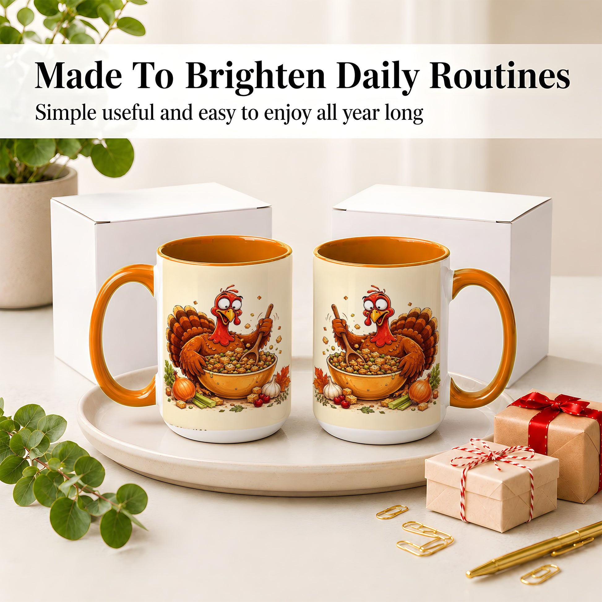 #pl[15oz|Orange] Thanksgiving Turkey Accent Mug, Ceramic Mug with Stuffing Bowl Artwork