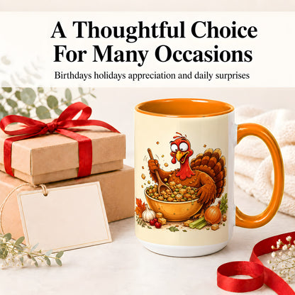 #pl[15oz|Orange] Thanksgiving Turkey Accent Mug, Ceramic Mug with Stuffing Bowl Artwork