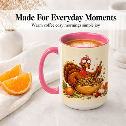 #pl[15oz|Pink] Thanksgiving Turkey Accent Mug, Ceramic Mug with Stuffing Bowl Artwork