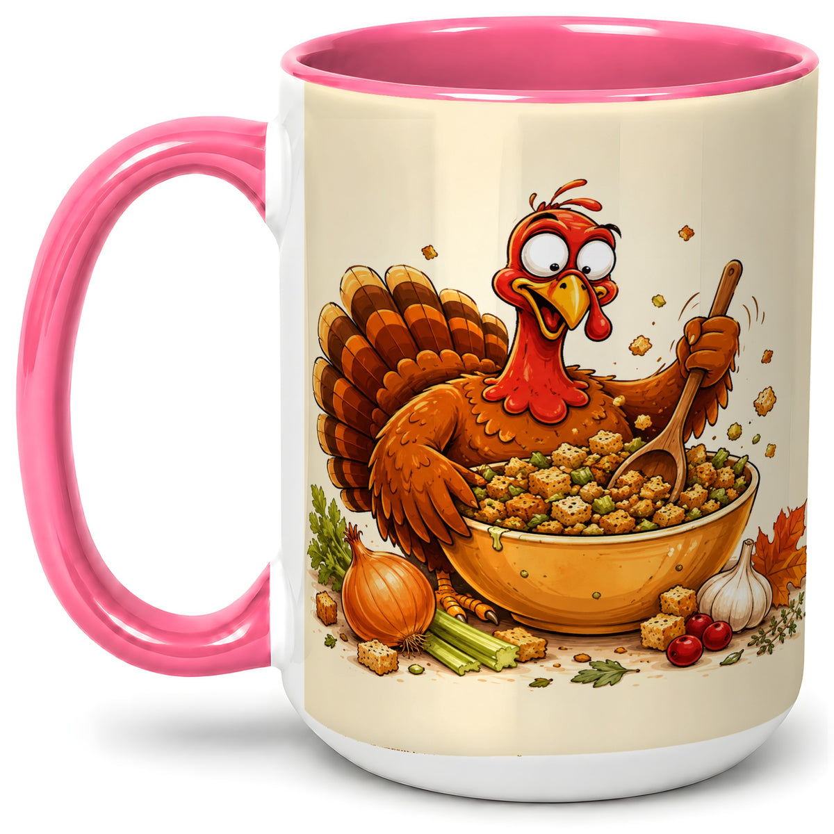 #pl[15oz|Pink] Thanksgiving Turkey Accent Mug, Ceramic Mug with Stuffing Bowl Artwork