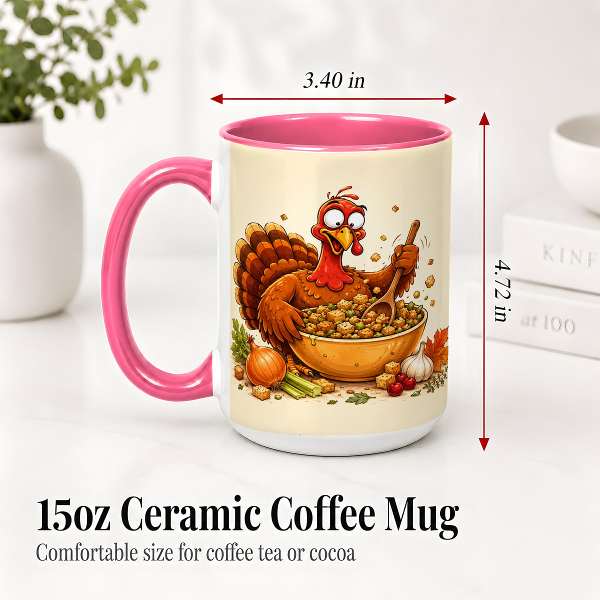 #pl[15oz|Pink] Thanksgiving Turkey Accent Mug, Ceramic Mug with Stuffing Bowl Artwork