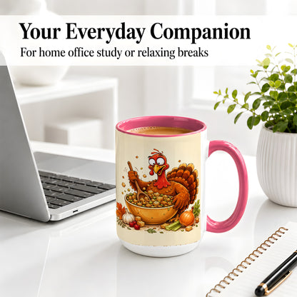 #pl[15oz|Pink] Thanksgiving Turkey Accent Mug, Ceramic Mug with Stuffing Bowl Artwork