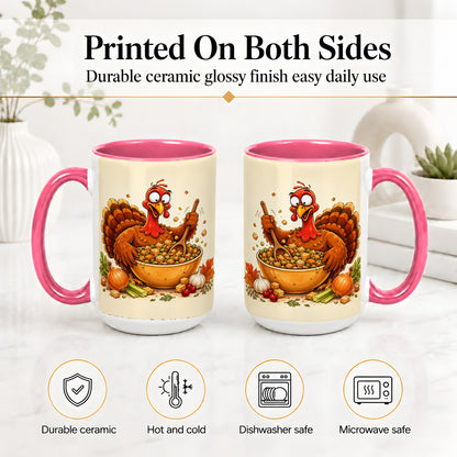 #pl[15oz|Pink] Thanksgiving Turkey Accent Mug, Ceramic Mug with Stuffing Bowl Artwork