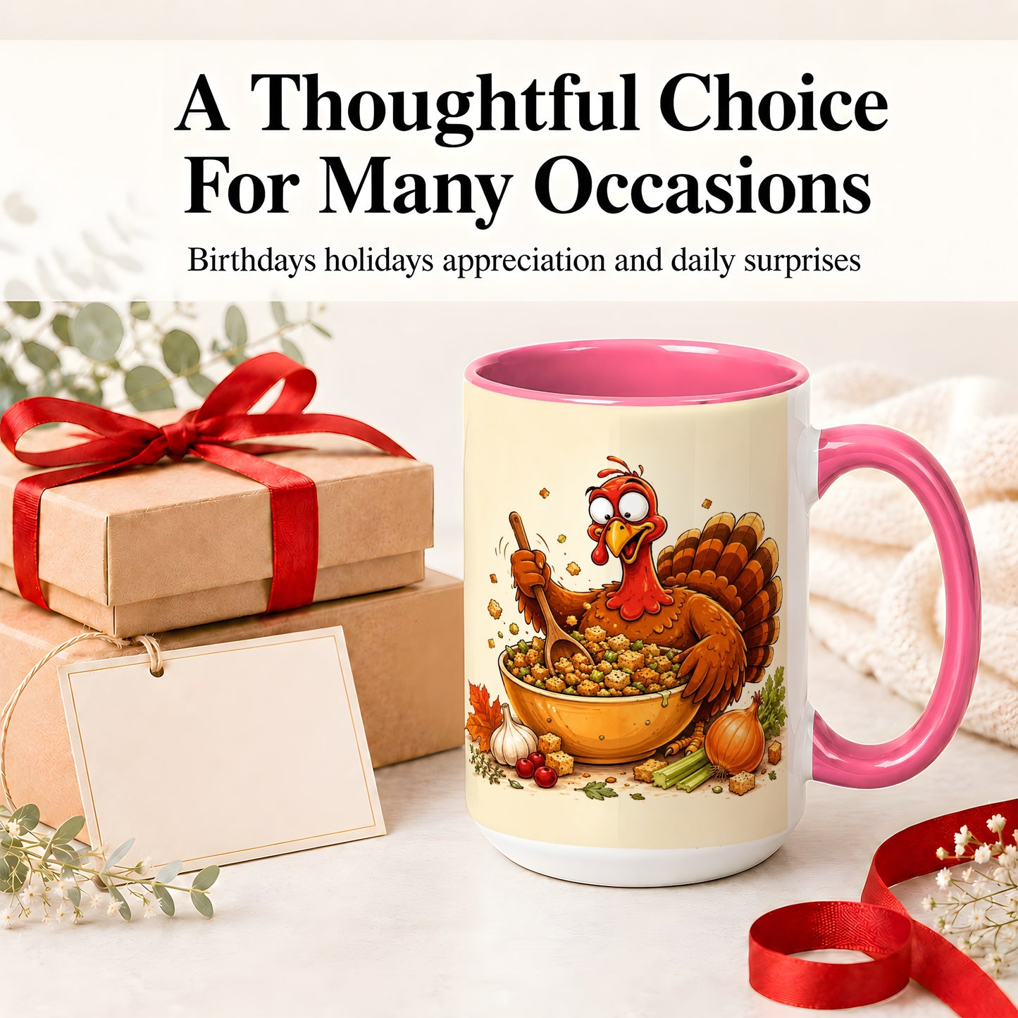 #pl[15oz|Pink] Thanksgiving Turkey Accent Mug, Ceramic Mug with Stuffing Bowl Artwork