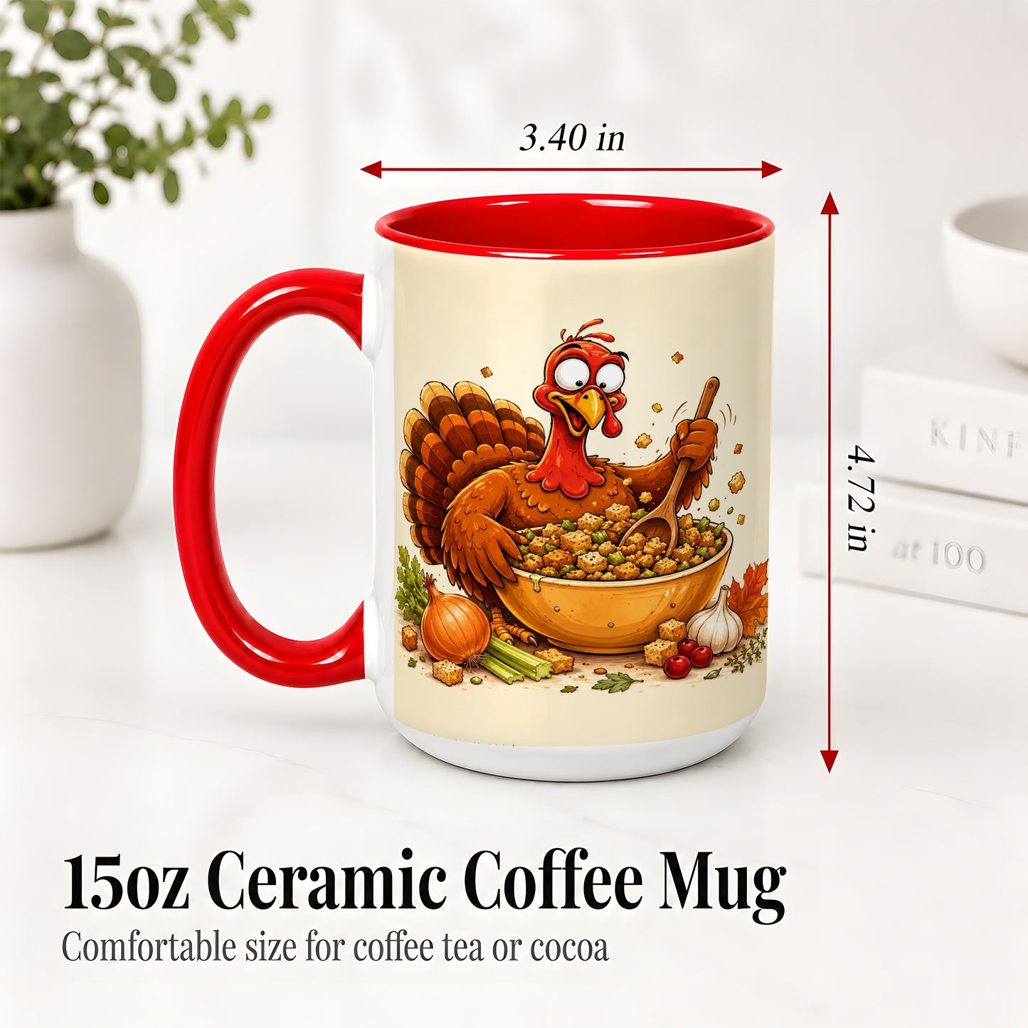 #pl[15oz|Red] Thanksgiving Turkey Accent Mug, Ceramic Mug with Stuffing Bowl Artwork