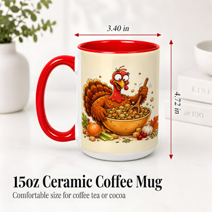 #pl[15oz|Red] Thanksgiving Turkey Accent Mug, Ceramic Mug with Stuffing Bowl Artwork