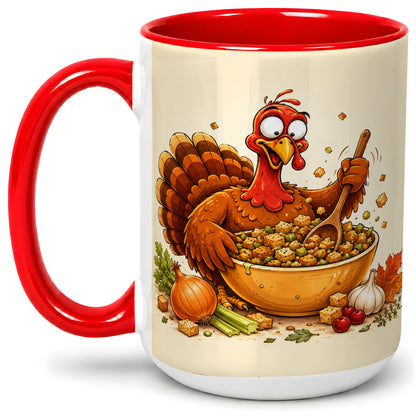#pl[15oz|Red] Thanksgiving Turkey Accent Mug, Ceramic Mug with Stuffing Bowl Artwork