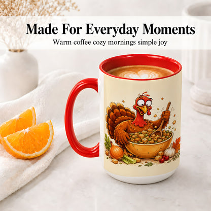 #pl[15oz|Red] Thanksgiving Turkey Accent Mug, Ceramic Mug with Stuffing Bowl Artwork