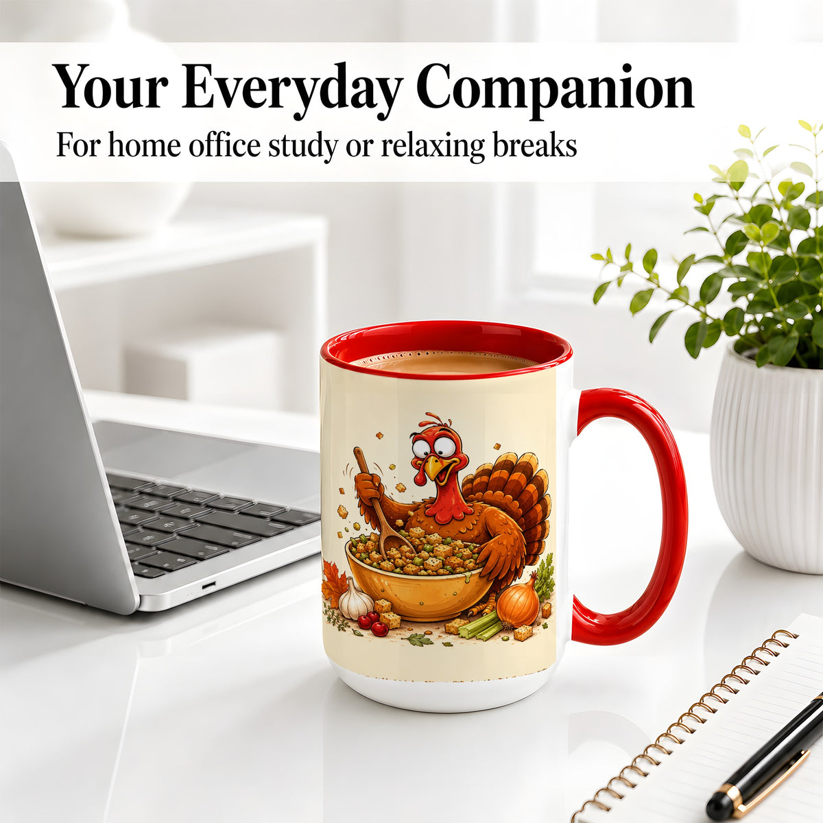 #pl[15oz|Red] Thanksgiving Turkey Accent Mug, Ceramic Mug with Stuffing Bowl Artwork
