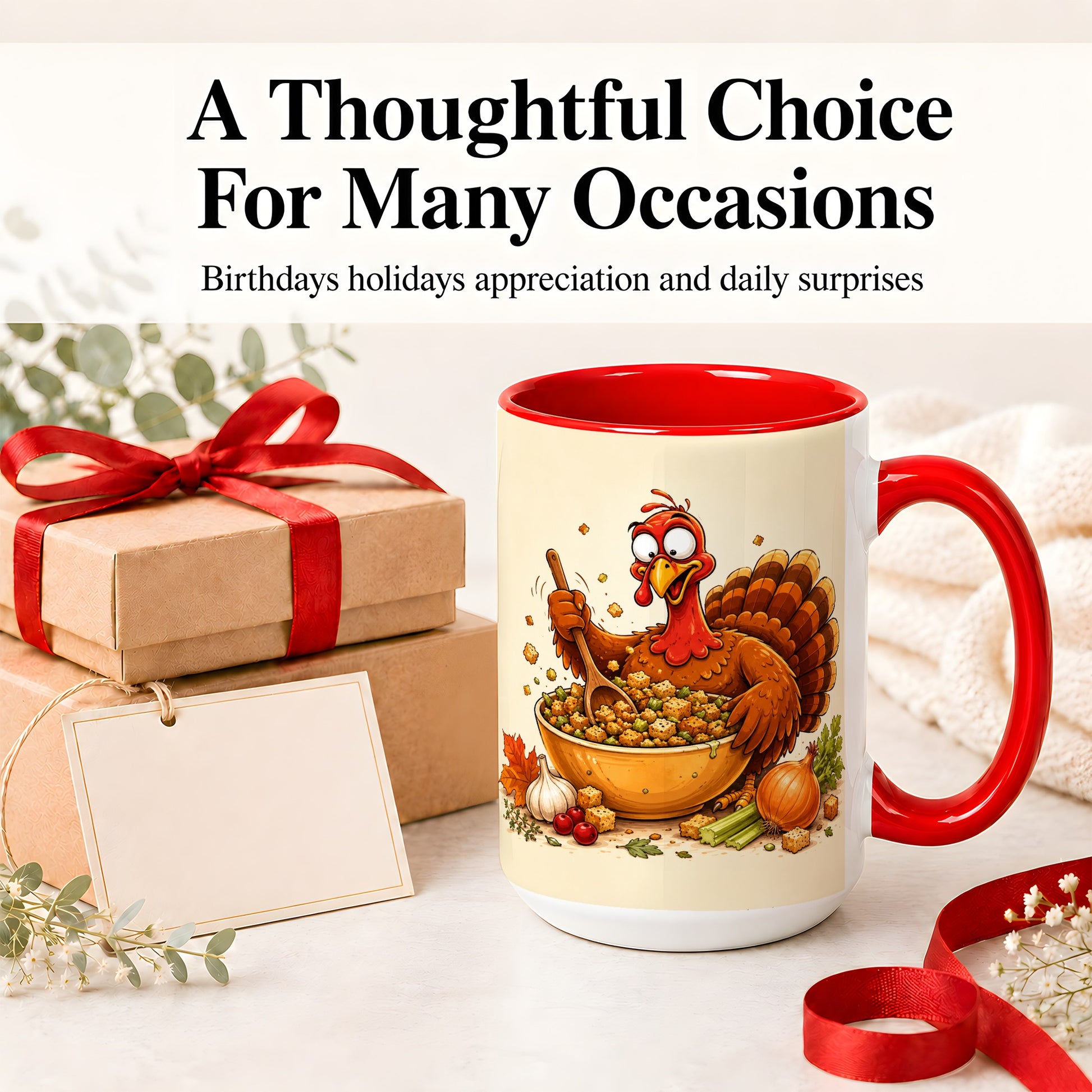 #pl[15oz|Red] Thanksgiving Turkey Accent Mug, Ceramic Mug with Stuffing Bowl Artwork