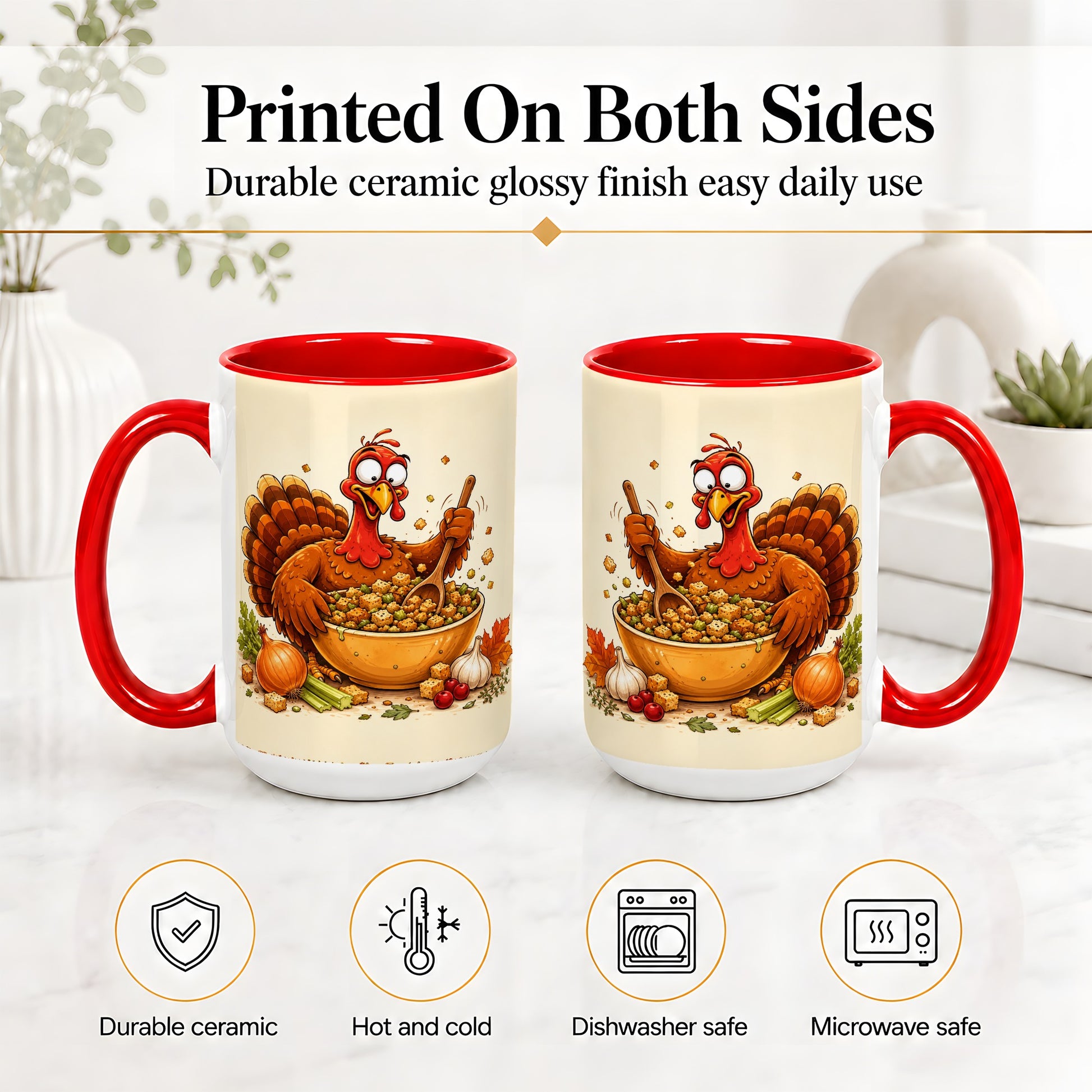 #pl[15oz|Red] Thanksgiving Turkey Accent Mug, Ceramic Mug with Stuffing Bowl Artwork