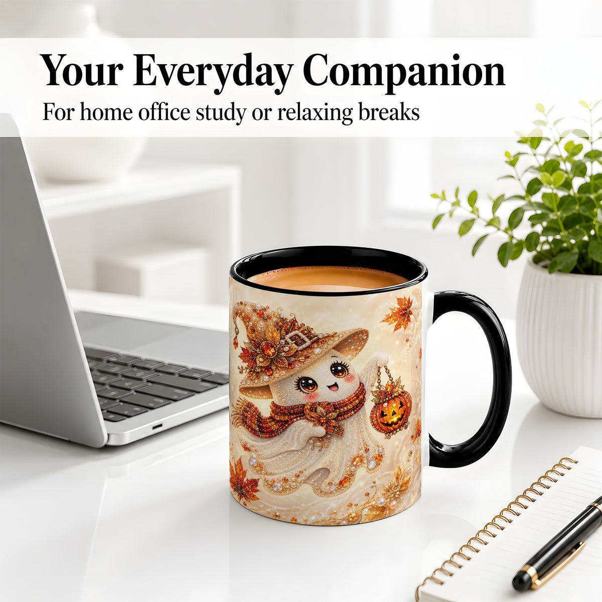 #pl[11oz|Black] Witch Ghost Accent Mug, Ceramic Mug with Jeweled Pumpkin Lantern Art