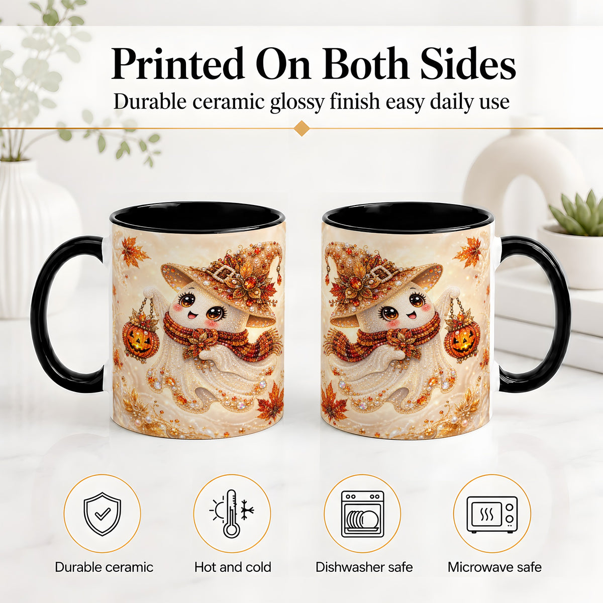 #pl[11oz|Black] Witch Ghost Accent Mug, Ceramic Mug with Jeweled Pumpkin Lantern Art