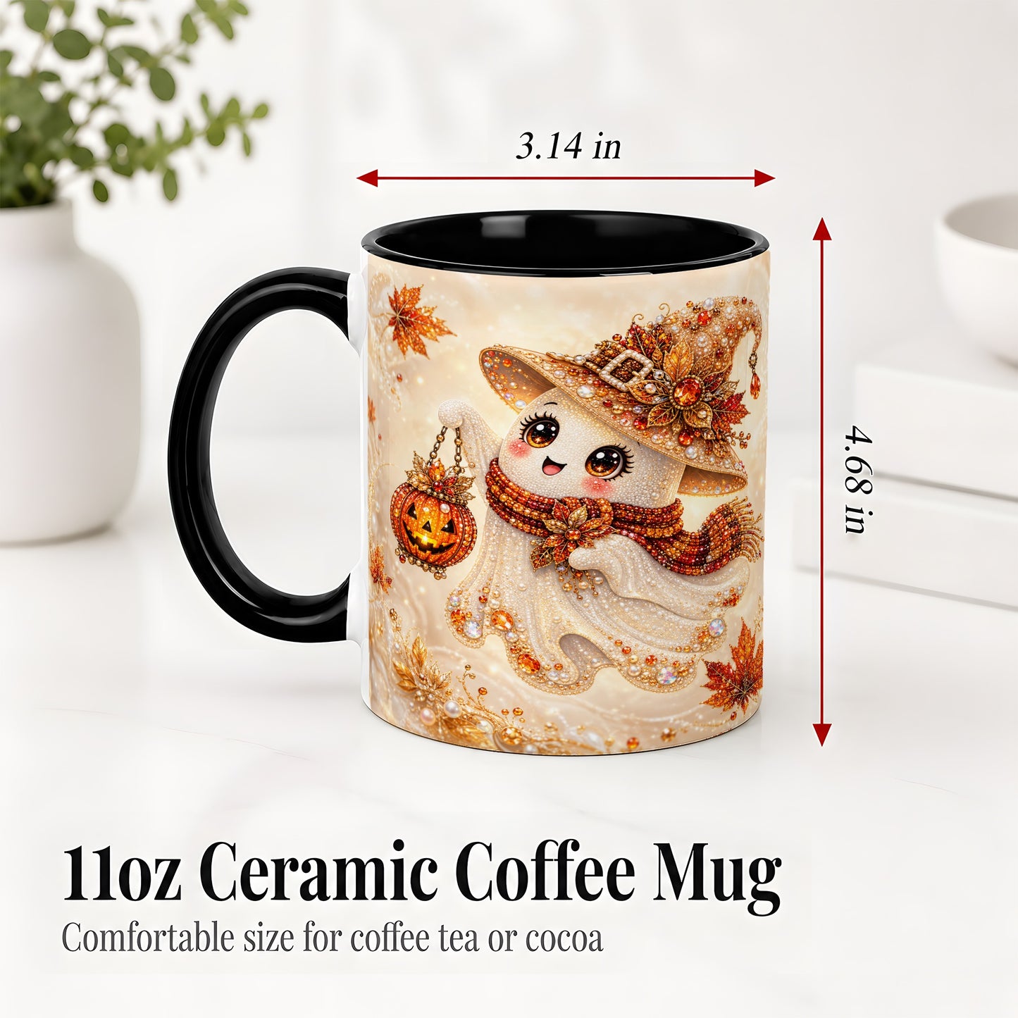 #pl[11oz|Black] Witch Ghost Accent Mug, Ceramic Mug with Jeweled Pumpkin Lantern Art