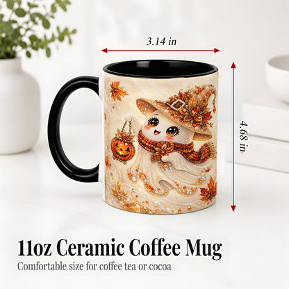 #pl[11oz|Black] Witch Ghost Accent Mug, Ceramic Mug with Jeweled Pumpkin Lantern Art