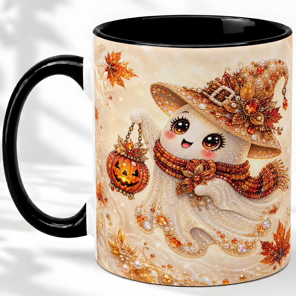 #pl[11oz|Black] Witch Ghost Accent Mug, Ceramic Mug with Jeweled Pumpkin Lantern Art