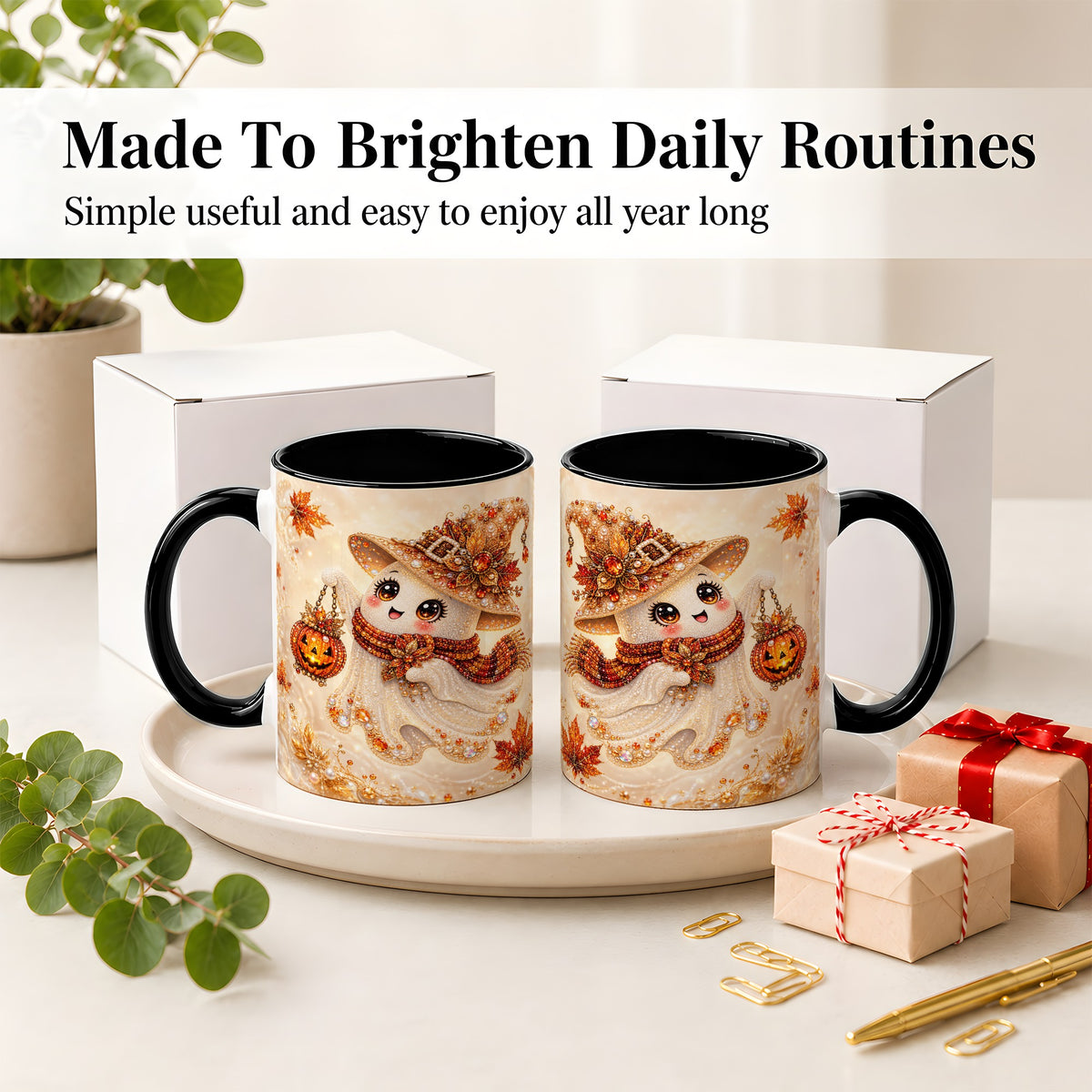 #pl[11oz|Black] Witch Ghost Accent Mug, Ceramic Mug with Jeweled Pumpkin Lantern Art