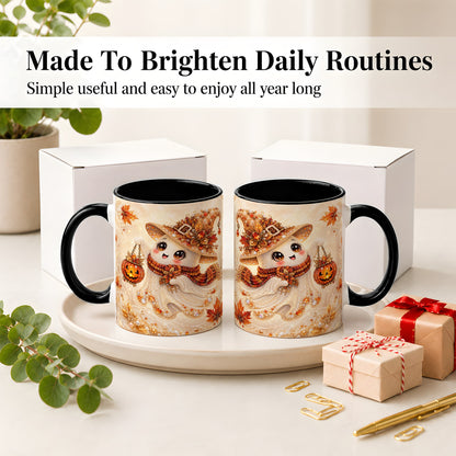#pl[11oz|Black] Witch Ghost Accent Mug, Ceramic Mug with Jeweled Pumpkin Lantern Art