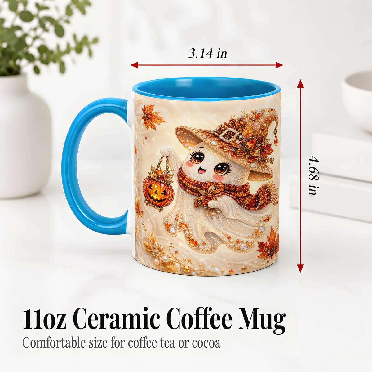 #pl[11oz|Blue] Witch Ghost Accent Mug, Ceramic Mug with Jeweled Pumpkin Lantern Art