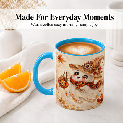 #pl[11oz|Blue] Witch Ghost Accent Mug, Ceramic Mug with Jeweled Pumpkin Lantern Art