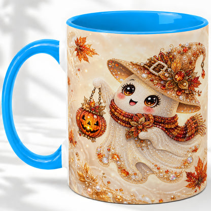 #pl[11oz|Blue] Witch Ghost Accent Mug, Ceramic Mug with Jeweled Pumpkin Lantern Art