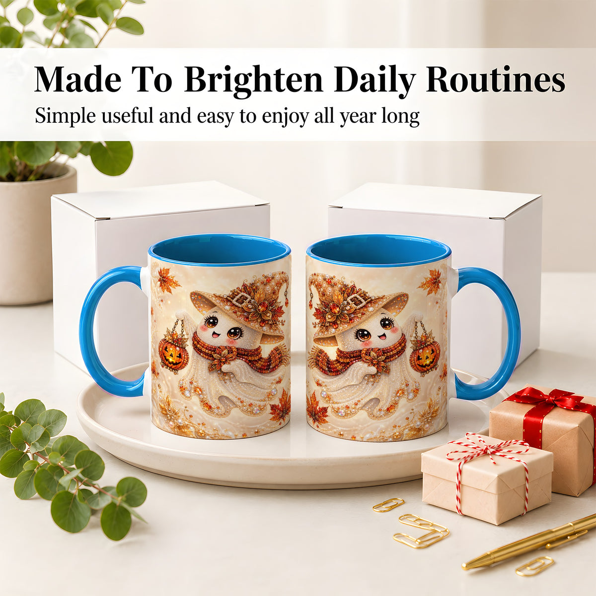 #pl[11oz|Blue] Witch Ghost Accent Mug, Ceramic Mug with Jeweled Pumpkin Lantern Art