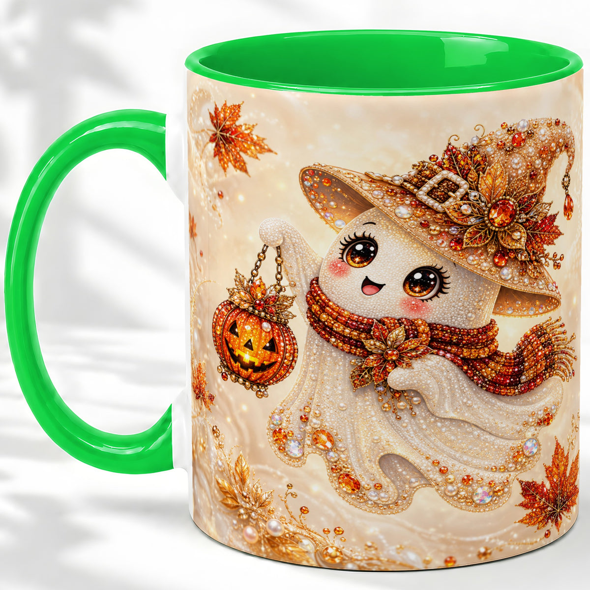 #pl[11oz|Green] Witch Ghost Accent Mug, Ceramic Mug with Jeweled Pumpkin Lantern Art