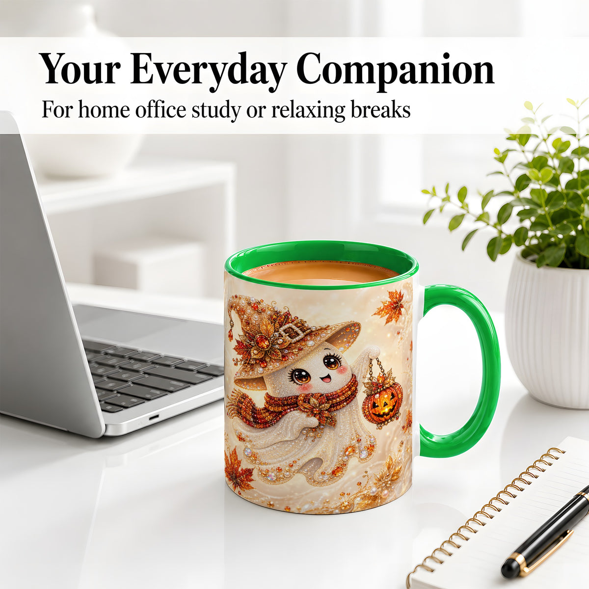 #pl[11oz|Green] Witch Ghost Accent Mug, Ceramic Mug with Jeweled Pumpkin Lantern Art
