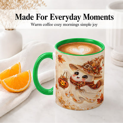 #pl[11oz|Green] Witch Ghost Accent Mug, Ceramic Mug with Jeweled Pumpkin Lantern Art