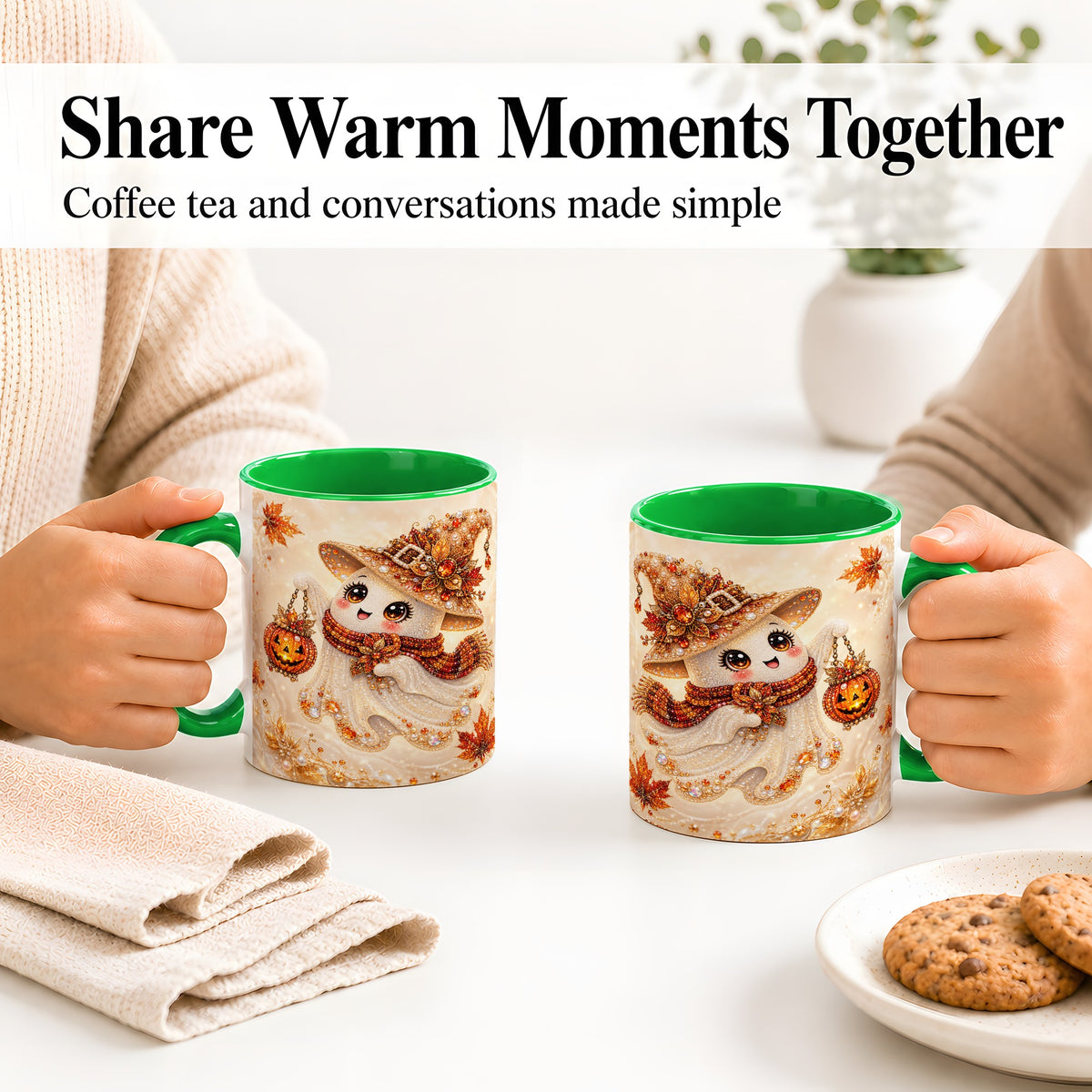 #pl[11oz|Green] Witch Ghost Accent Mug, Ceramic Mug with Jeweled Pumpkin Lantern Art