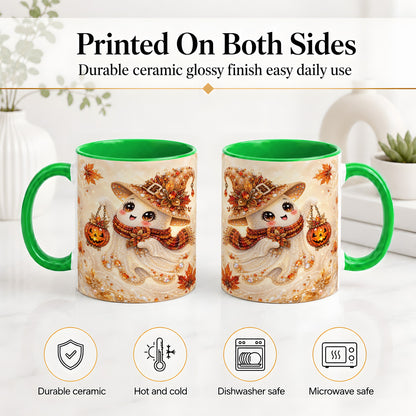 #pl[11oz|Green] Witch Ghost Accent Mug, Ceramic Mug with Jeweled Pumpkin Lantern Art