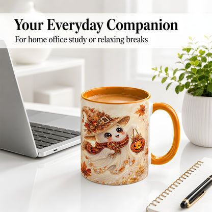 #pl[11oz|Orange] Witch Ghost Accent Mug, Ceramic Mug with Jeweled Pumpkin Lantern Art